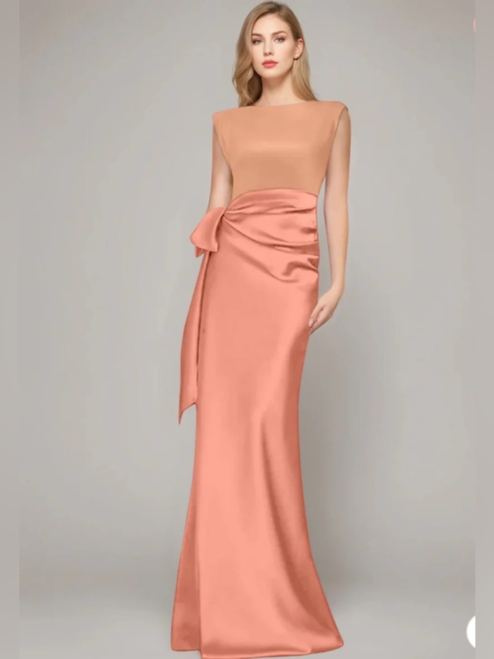 NWT Two-Tone Peach Satin Evening Gown with Side Bow